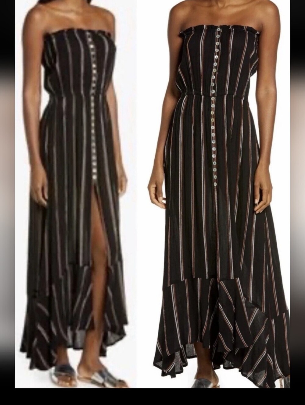 Elan Black Striped Strapless Button Down High Front Slit Maxi Dress Size Medium